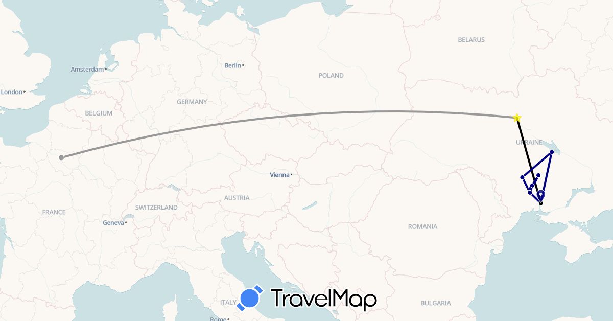 TravelMap itinerary: driving, train (train), voiture (car), avion (plane) in France, Ukraine (Europe)