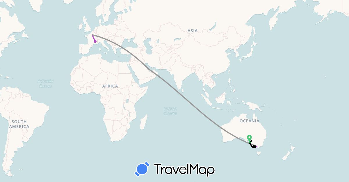 TravelMap itinerary: driving, marche (walking), train (train), voiture (car), avion (plane), car (bus) in Australia, France, Qatar (Asia, Europe, Oceania)